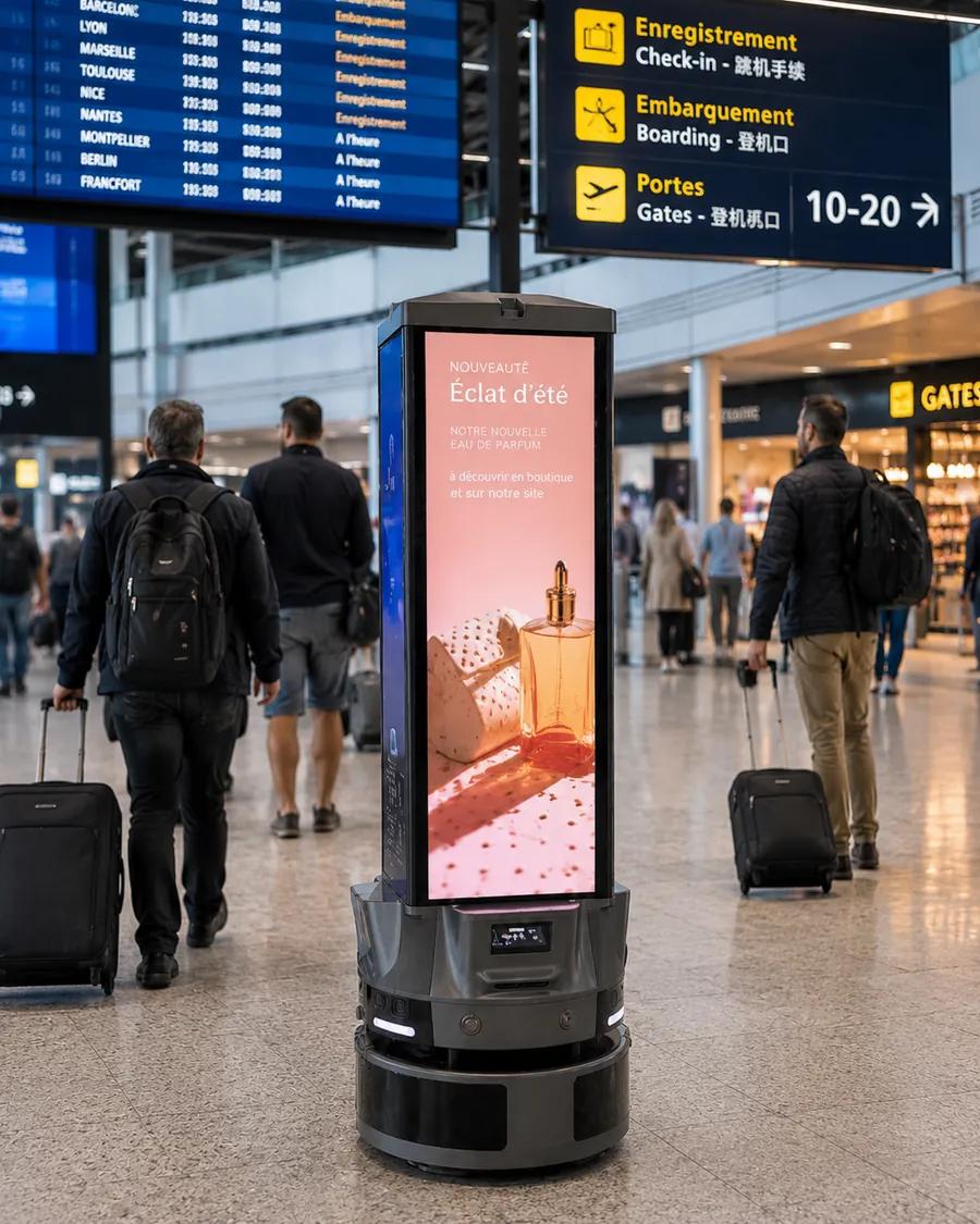Affichage publicitaire mobile Fourcast diffusant une campagne dans un hall d'aéroport