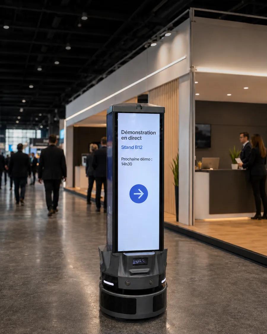 Fourcast annonçant des démonstrations et guidant les visiteurs vers un stand d'exposition