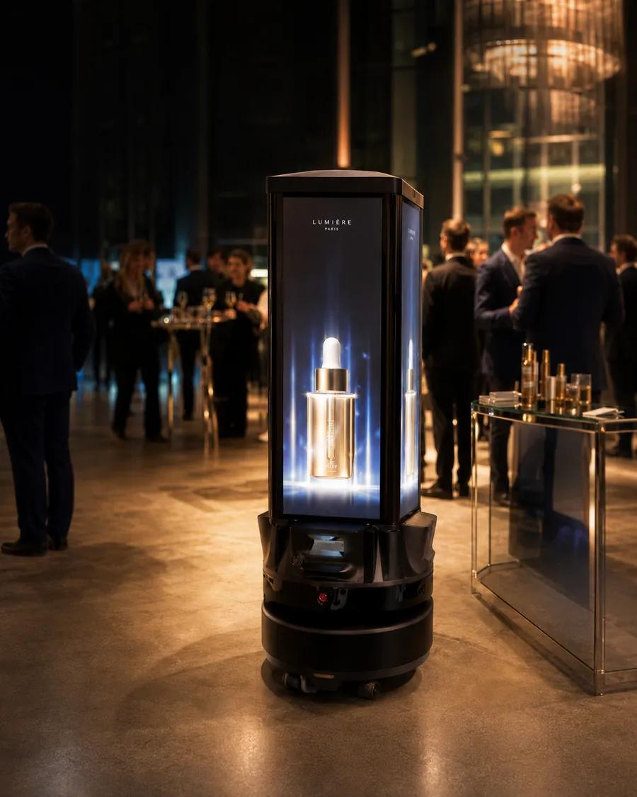 Robot événementiel Fourcast lors d'un lancement de produit premium, quatre écrans dédiés à la marque
