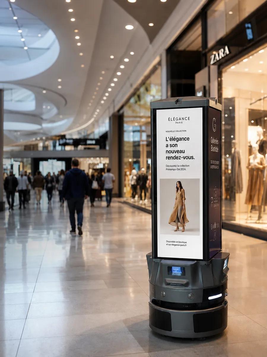 Robot média Fourcast diffusant des campagnes d'enseignes dans un centre commercial