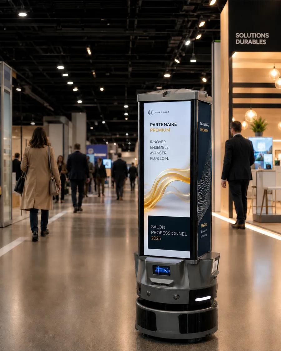 Robot publicitaire Fourcast à 4 écrans valorisant un sponsor premium dans les allées d'un salon professionnel